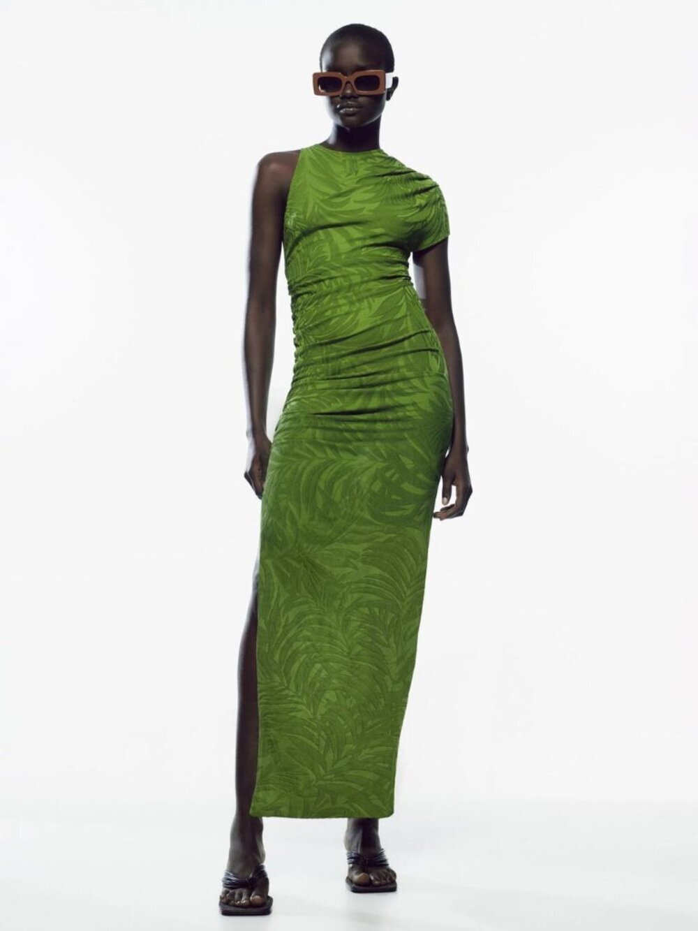 Zara Ruched Midi Maxi Dress Leaf Knit Pleated Detail Sun Dress Summer Cover Up